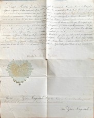 Carta Patente da Raínha D. Maria II promovendo o Tenente de           Cavalaria João de Mello e Castro ao posto de Capitão de Cavaria “ Em         firmeza do que lhe mando passar a presente Carta por mim assignada          e sellada com o Sello grande das Armas Reais “